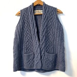 Authentic Irish Aran Merino Wool Cable Knit Sweater Vest Slate Blue Cozy Pockets